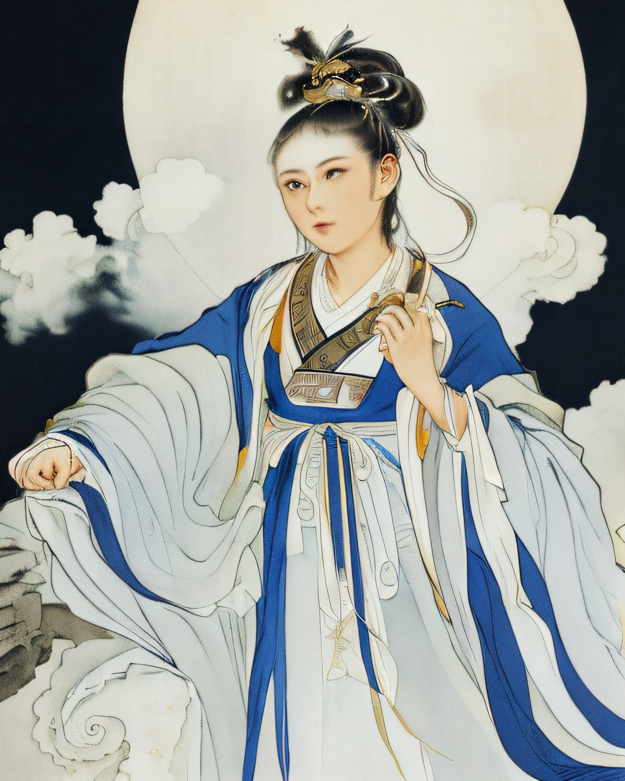 masterpiece, {{ultra-detailed}},traditional_media, best quality, letterboxed,realistic, colorful,extremely detailed CG unity 8k wallpaper,looking at viewer, star sky,(bridge, moon, cloud, ) ,1girl,robe, hanfu, ribbon,long sleeves, cloud,realistic, headdress,