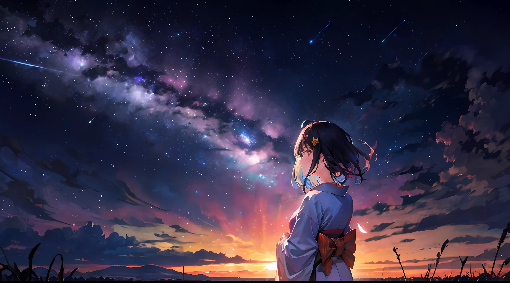 1个Giant Breast Girl，A girl from afar gazing at the stars in a kimono，（zoomout：1.1），（meteor shower：1.2），（comets：1.1），Your name，low angles，From behind，aurora borealis，meteors，Shaw Palace，SakuraNS，standing in a field，Best quality at best，tmasterpiece，​​clouds，Colorful，Starry，As estrelas，