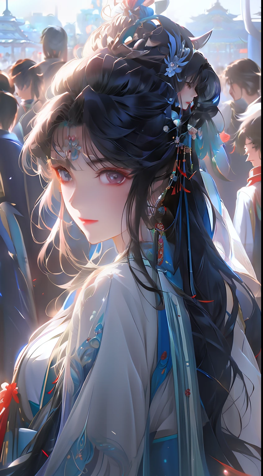 Anime girls wearing ties and blue dresses in crowds, Palace ， A girl in Hanfu, Beautiful character painting, Guviz, Guviz-style artwork, a beautiful anime portrait, a beautiful fantasy empress, by Yang J, Beautiful anime woman, detailed portrait of an anime girl, beautiful teenage girl, A beautiful artwork illustration, Beautiful digital artwork