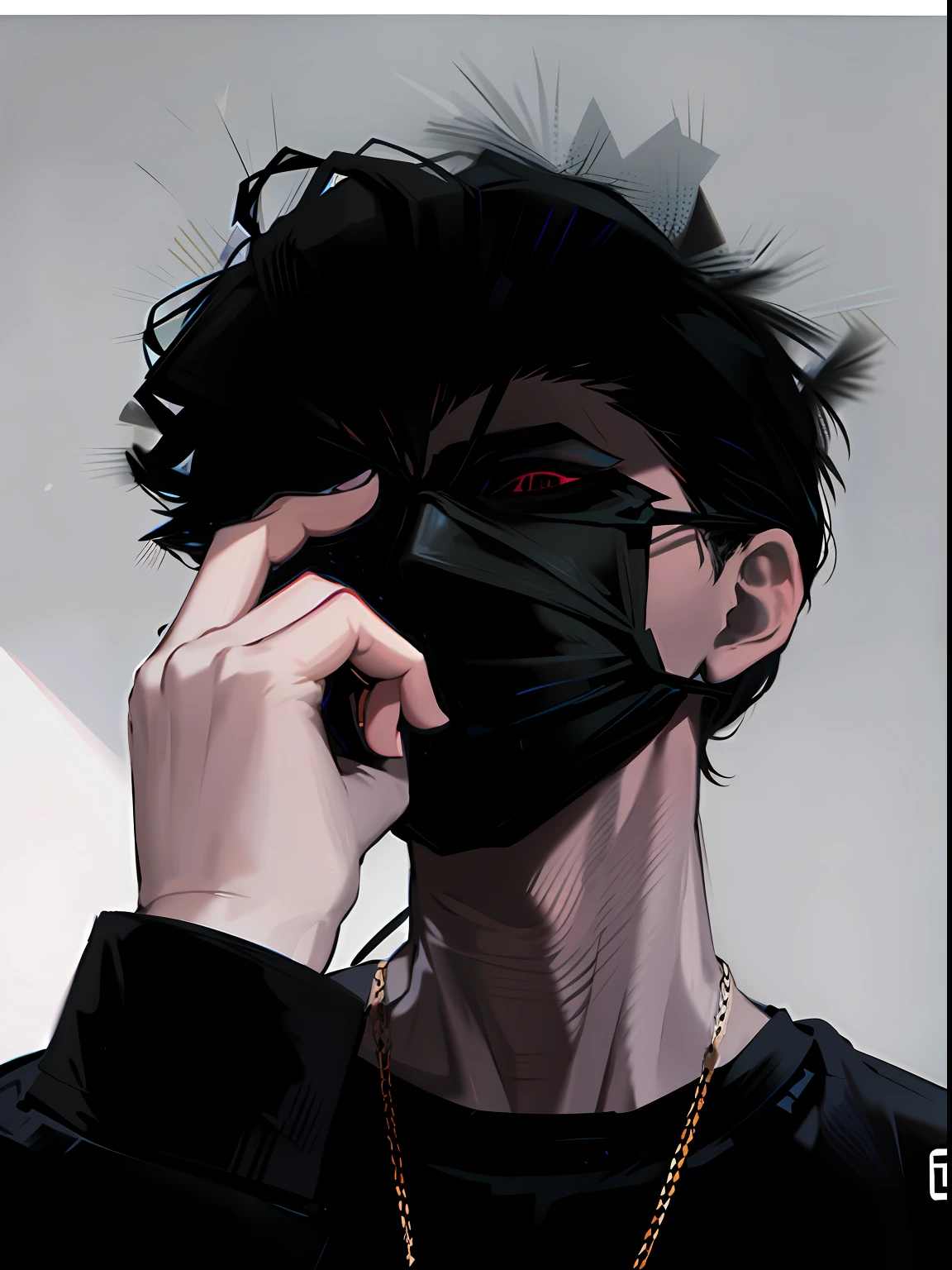 Anime guy with black hair and black mask on talking on cell phone - SeaArt  AI