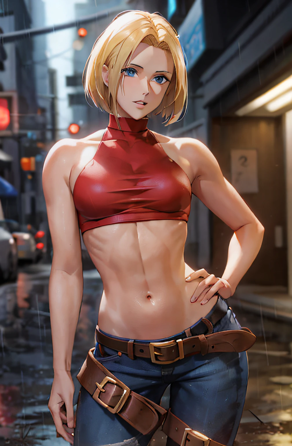 Blonde woman in red top and jeans posing in the rain, photorealistic perfect body, looking like annie leonhart, female protagonist 👀 :8, Cammy, photorealistic anime girl rendering, hyper realistic anime, 3 d realistic anime, v from devil may cry as an elf, android 18, realistic shaded perfect body, fotorrealista hiper detalhado, hyper real render