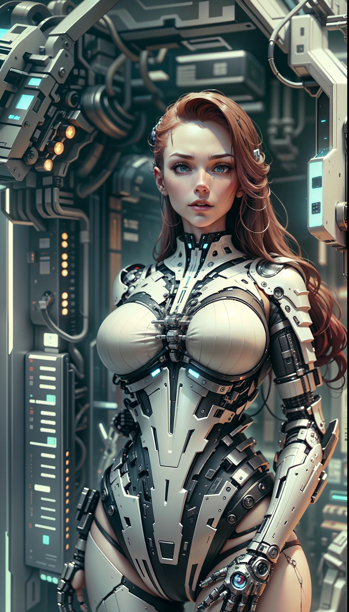 tmasterpiece， white skinned，redheadwear ， The large， Curves and extra-thick breasts， Being Hard， Perfect body， futuristic outfit， Mechanical prosthesis， Cyberpunk scene high-tech，sci-fy，Beautuful Women，scantily clad，Bigchest，Abermaid line，Full body like，battle armor，Erotic lingerie，stocklings，nakeness，Do not wear，scantily clad，sexyposture，Sultry
