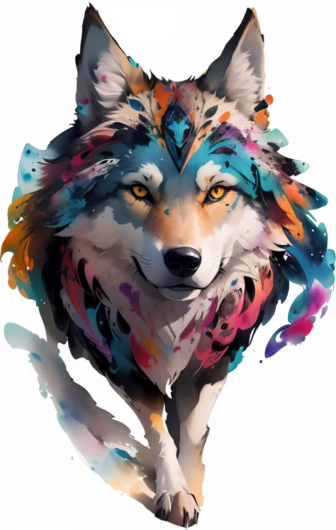 Draw a wolf with colorful ink on its face, archan nair, painted in bright water colors, animal drawing, vibrant watercolor paint...