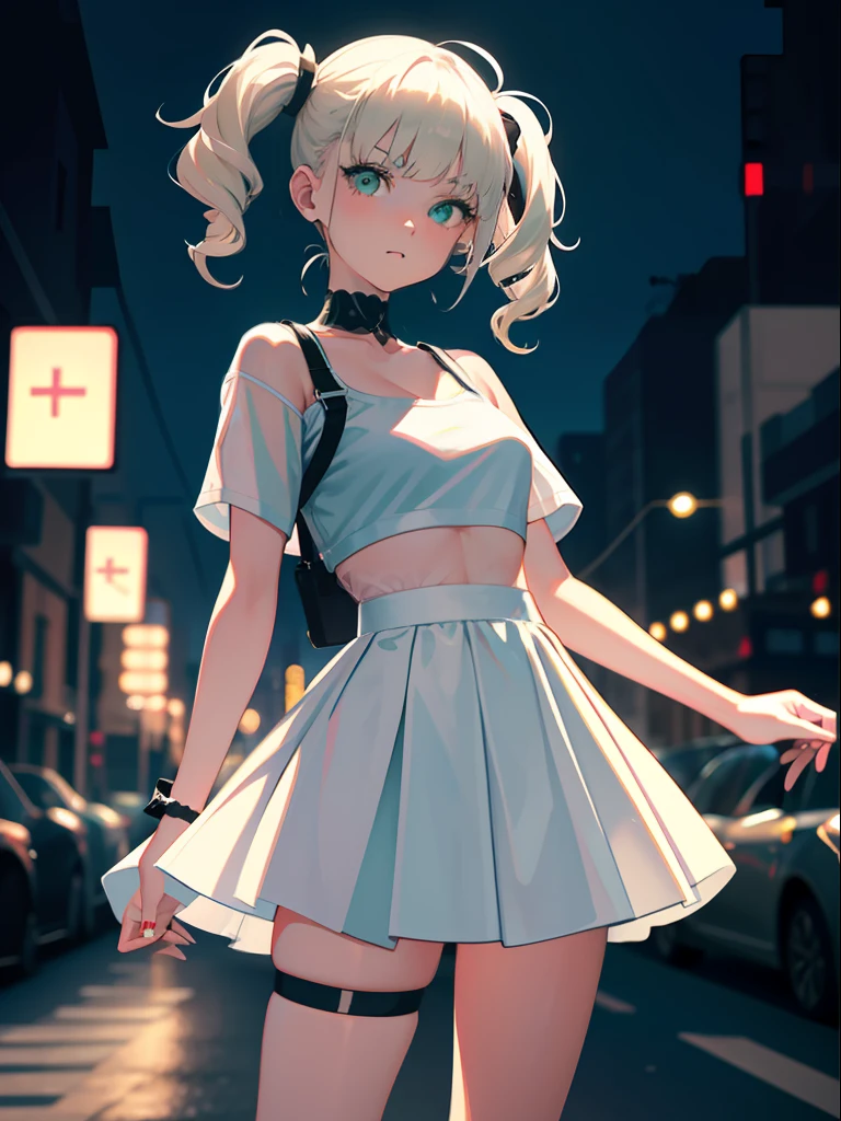 tmasterpiece， best qualtiy， NSFW， 1girll， platinum blond hair， short detailed hair， Green eyes， pigtails， Small lively breasts， Have on the street， the night， neonlight， white t - shirt， Poker face， up front view， standing on your feet， in crowd，fully body photo，dynamicposes