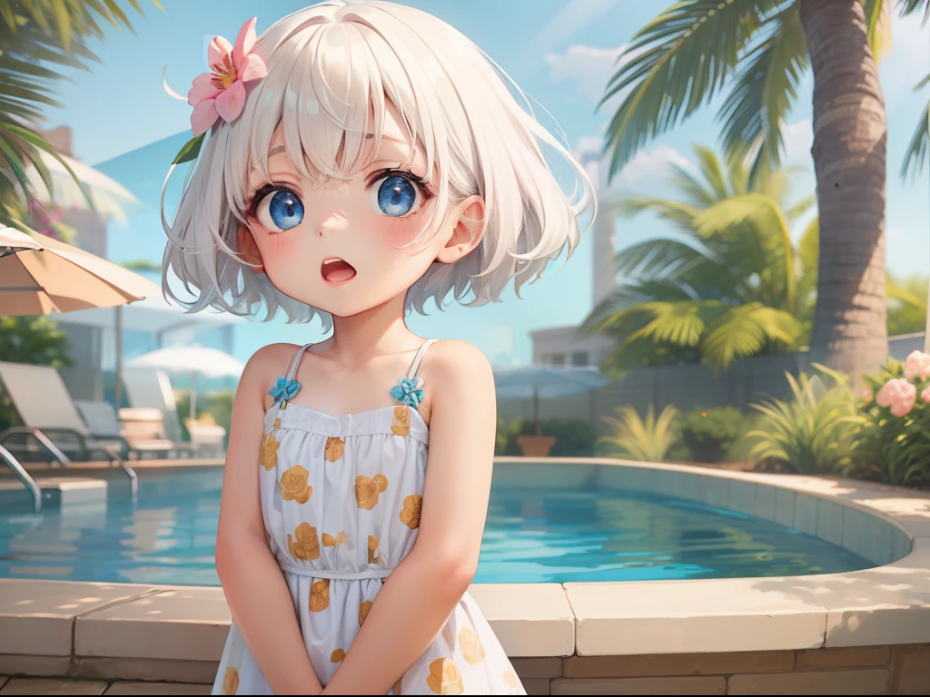 Anime Girl With White Hair And Blue Eyes Standing In Front Of A Pool