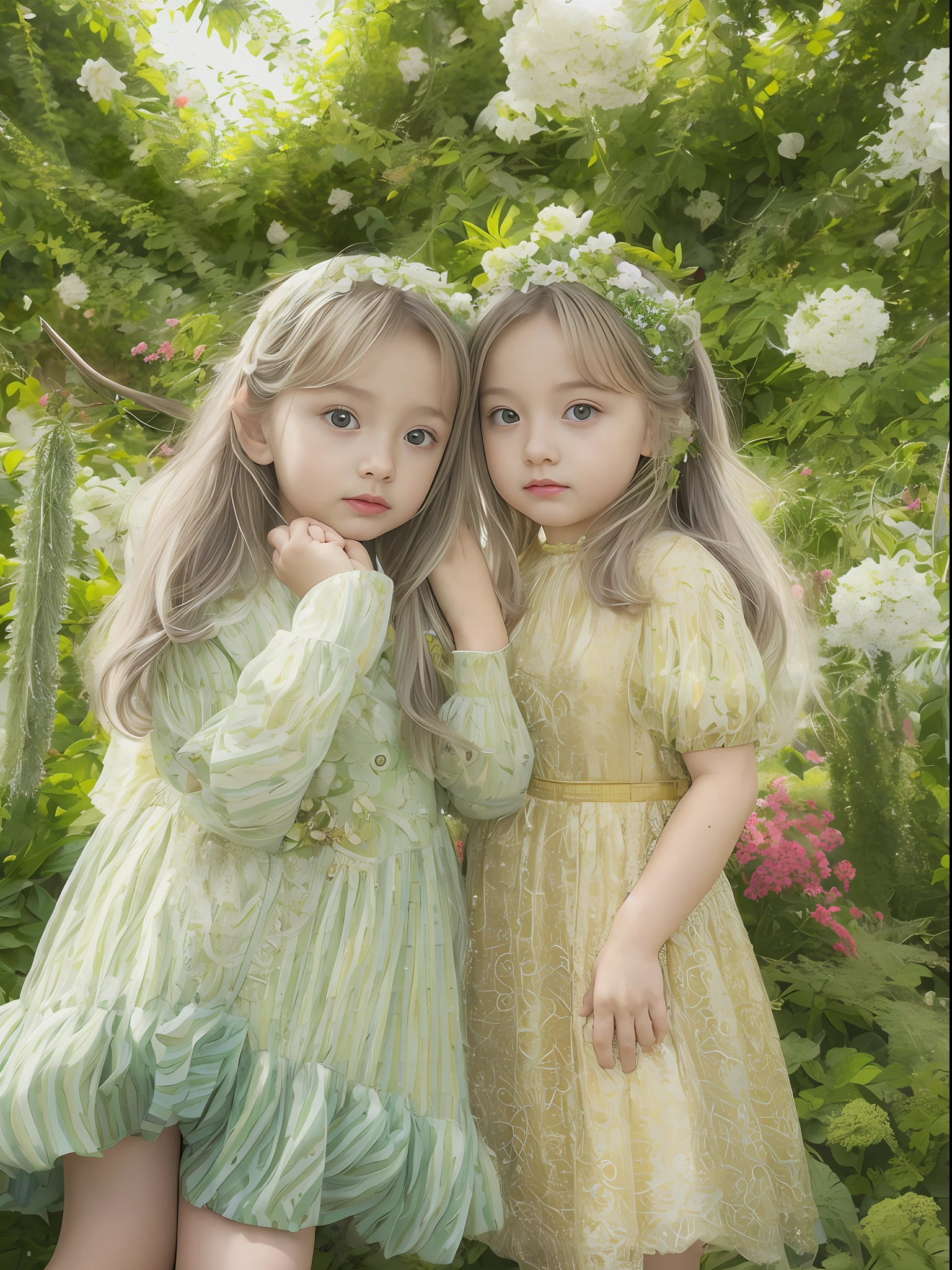（8K 품질, 최고의 품질, 걸작），초고해상도，（극도로 현실적이다，사실적이며 현실적입니다.），귀여운 쌍둥이 아이들，살이에요，큰 눈，고운 피부，긴 머리카락，열대 정원，중간 샷