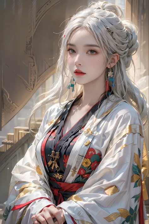 photorealistic, high resolution, 1women, solo, hips up, look at viewer, (detailed face), white hair, long hair, colorful taoist ...