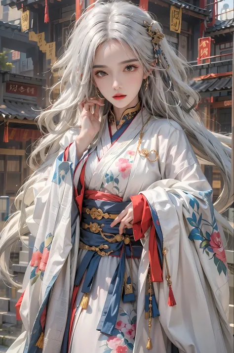 photorealistic, high resolution, 1women, solo, hips up, look at viewer, (detailed face), white hair, long hair, colorful taoist ...