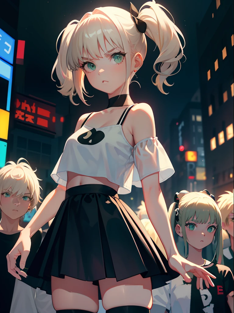 tmasterpiece， best qualtiy， NSFW， 1girll， platinum blond hair， short detailed hair， Green eyes， pigtails， Small lively breasts， Have on the street， the night， neonlight， white t - shirt， Poker face， up front view， standing on your feet， in crowd，fully body photo，dynamicposes，blackstockings