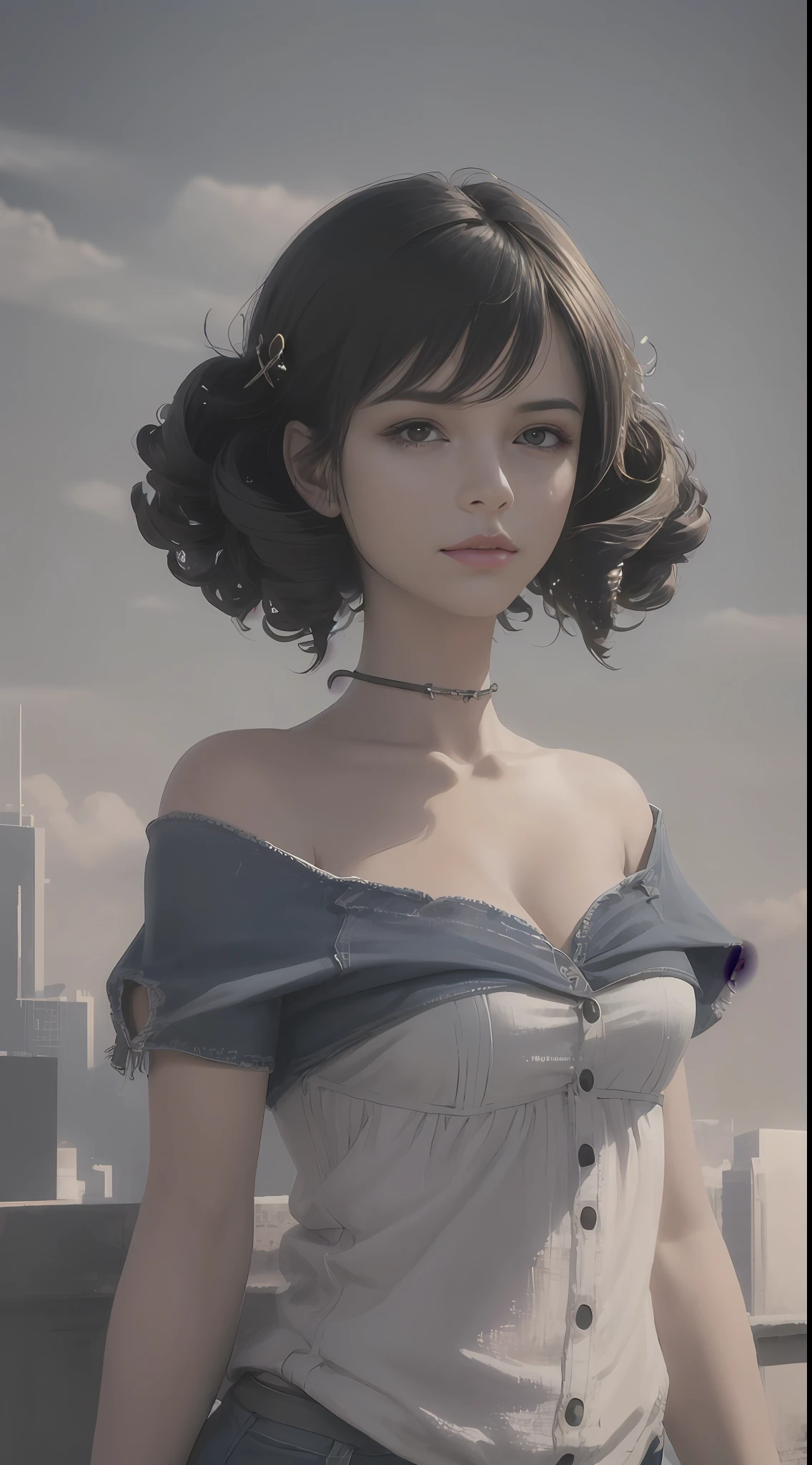 （1girll）， （Solo exhibition）， solofocus， the hair，curlies， hair pin， Sideburns， brunette color hair， jaqueta de couro， denim short， buliding， the roof， nigh sky， Counterpoint，photorealistic anime girl rendering, [ 4 K digital art ]， (Masterpiece, Top quality, Best quality, offcial art, Beautiful and aesthetic:1.2), (1 girl), extreme detailed details