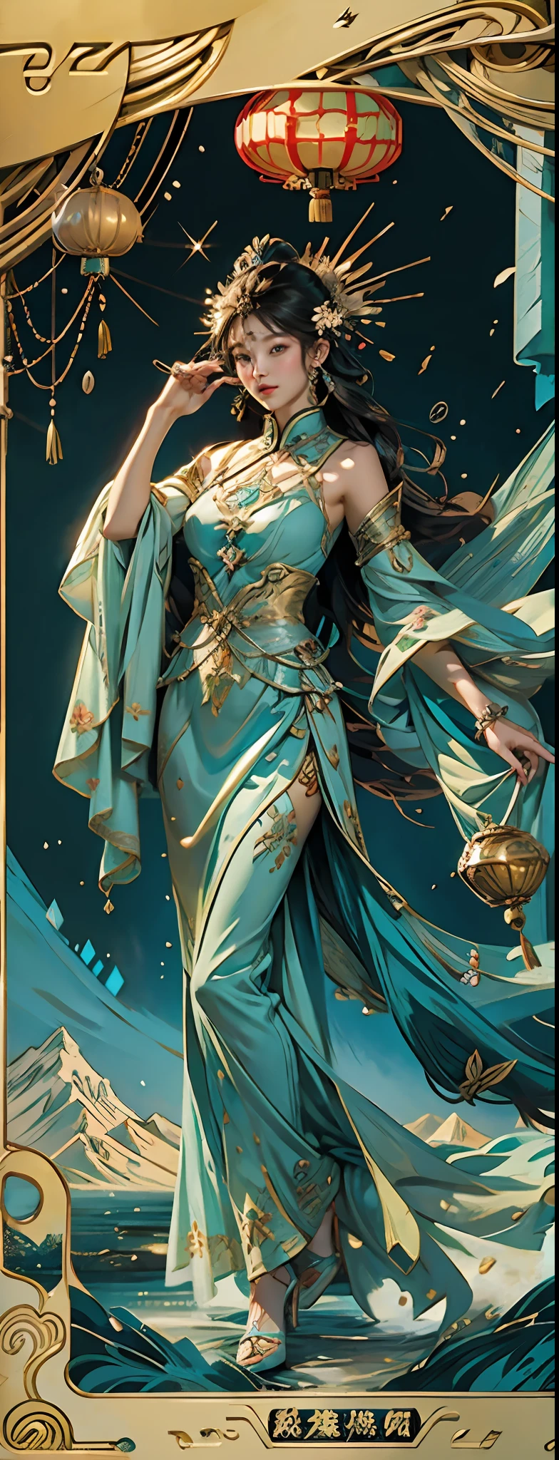 （tarot cards：1.4），offcial art，Chinese goddess，Located between magnificent mountains and rivers，Dressed in gorgeous fairy costumes，（Full body like：1.3），Overlooking the mountains，The lake is turquoise。Birds sing，Flowers bloom，（Extremely detailed：1.4），tmasterpiece，super-fine，best qualtiy，8K resolution，