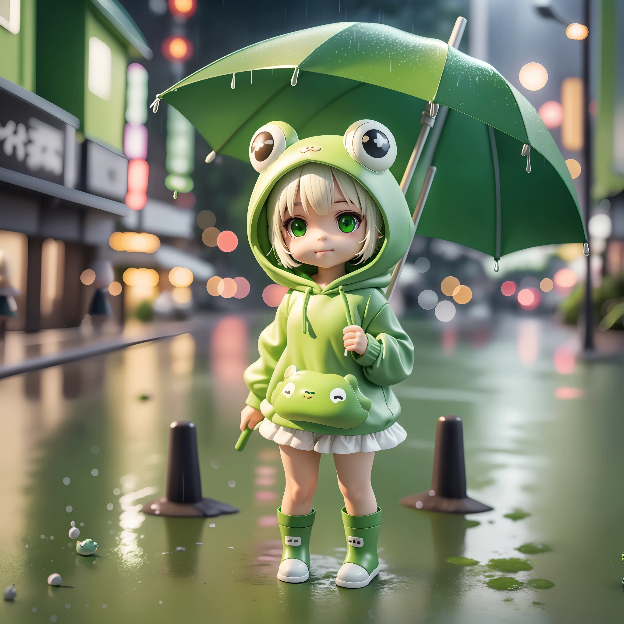 緑のカエルのパーカーを着たちびの女の子, ウンベレラカエルのアタイルを持つ, 降りしきる雨, 白のショートヘア, スミルキャラクター, 緑のブーツを履く, 高解像度, ブラインドボックス, 4D, 3D, ハードシャドウ, ハードライト, キュートでスモルな姿, 雨の東京の背景は夕方です, その他のNPC