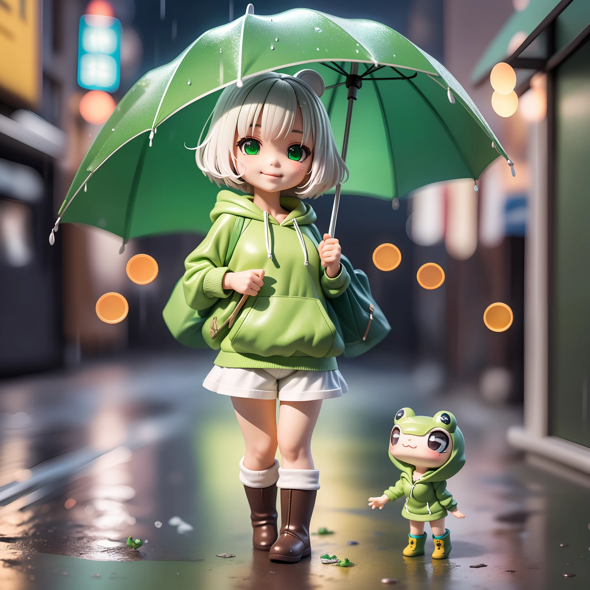 穿着绿色青蛙连帽衫的赤壁女孩, 拿着伞形青蛙风格, 落雨, 白色短发, 微笑字符, 穿着绿色靴子, HDR, 盲盒, 4D, 3D, 硬阴影, 硬光, 可爱又小身材, 下雨的东京背景它晚上, 更多NPC