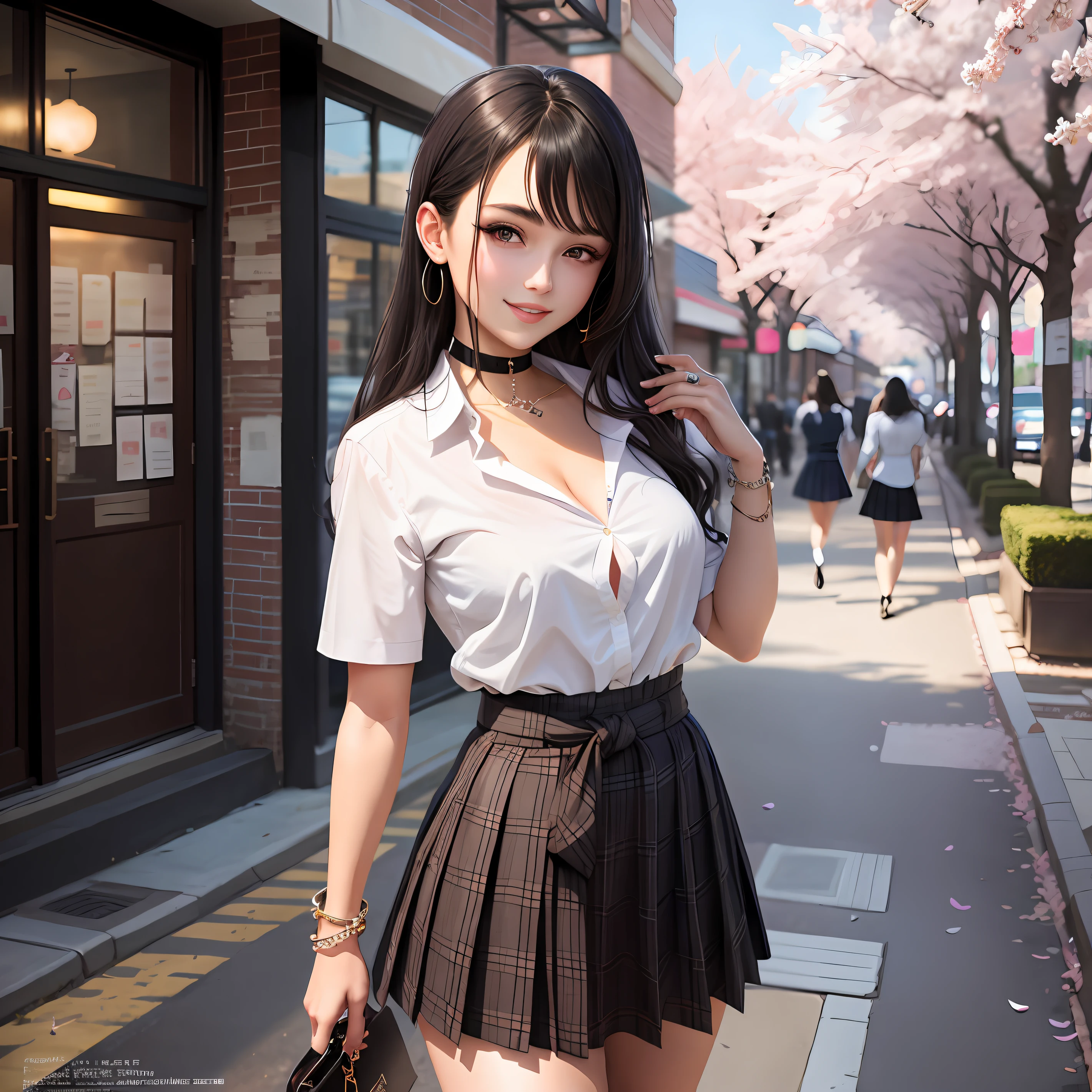 masterpiece, best quality, full body, 1girl, bangs, black choker, black necktie, black hair, blue skirt, blush, bracelet, breasts, choker, clothes around waist, collarbone, collared shirt, cowboy shot, dress shirt, ear piercing, eyebrows visible through hair, gradient hair, grin, gyaru, jewelry, kogal, long hair, looking at viewer, loose necktie, necktie, piercing, plaid, plaid skirt, pleated skirt, red eyes, ring, school uniform, shirt, skirt, smile, solo, white shirt, street, sky, cherry blossoms, petals,illustration, (magazine:1.3), (cover-style:1.3), fashionable, woman, vibrant, outfit, posing, front, colorful, dynamic, background, elements, confident, expression, holding, statement, accessory, majestic, coiled, around, touch, scene, text, cover, bold, attention-grabbing, title, stylish, font, catchy, headline, larger, striking, modern, trendy, focus, fashion,