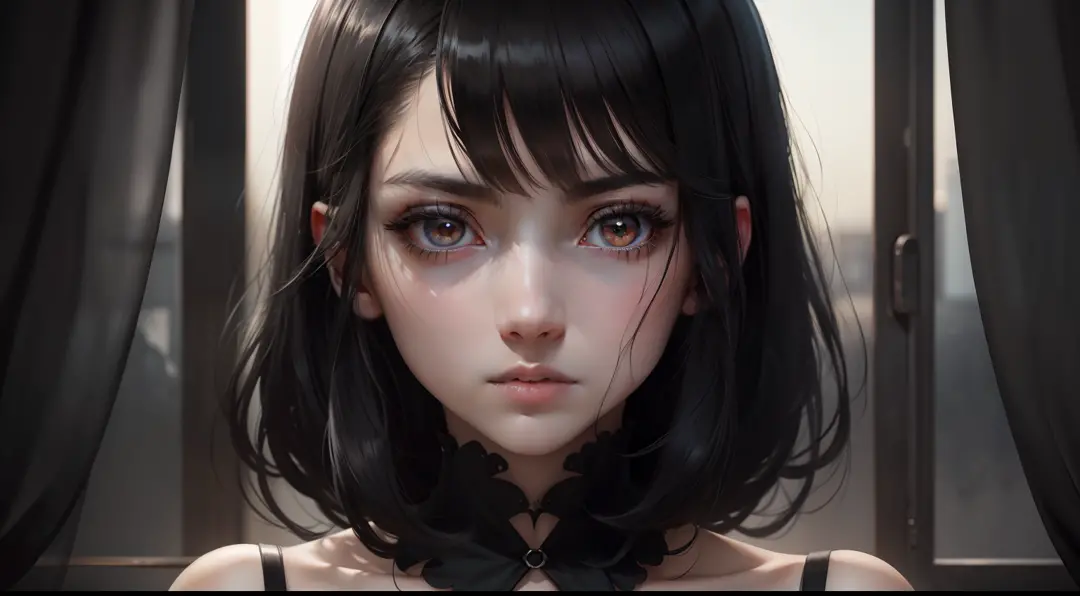 black hair, curtained hair, mole under eye, hollow eyes, constricted pupils, wide eyes, turn pale, heavy breathing, Realism, anime, depth of field, from outside, from side, 4K, high details, high quality, masterpiece，