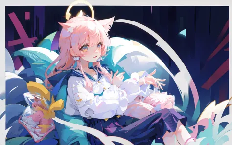 Pink Long Hair，Cat ears，Girl who sits
