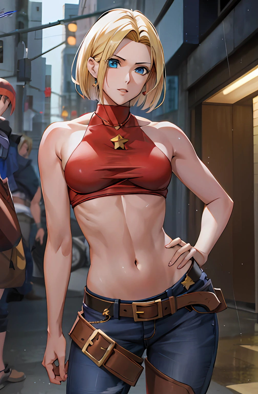 Garota anime em top vermelho e jeans posando na rua, protagonista feminina 👀 :8, fanart requintada altamente detalhada, Parecendo Annie Leonhart, menina anime sedutora, Estilo anime 3D realista, fofosexyrobutts, Artgerm extremamente detalhado, Personagem de King of Fighters, arte cg anime suave, arte de anime realista, Android 18, estilo realismo anime, suor, musculos definidos abdomen, Single transverse leg strap, marca de estrela no jeans