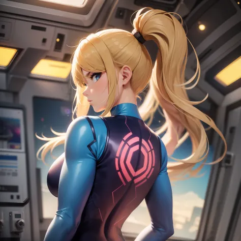 masterpiece, best quality, samus aran, ponytail, hair tie, blue bodysuit, upper body, looking at viewer, furrowed brow, arms at sides, from behind, looking at viewer, space station, space