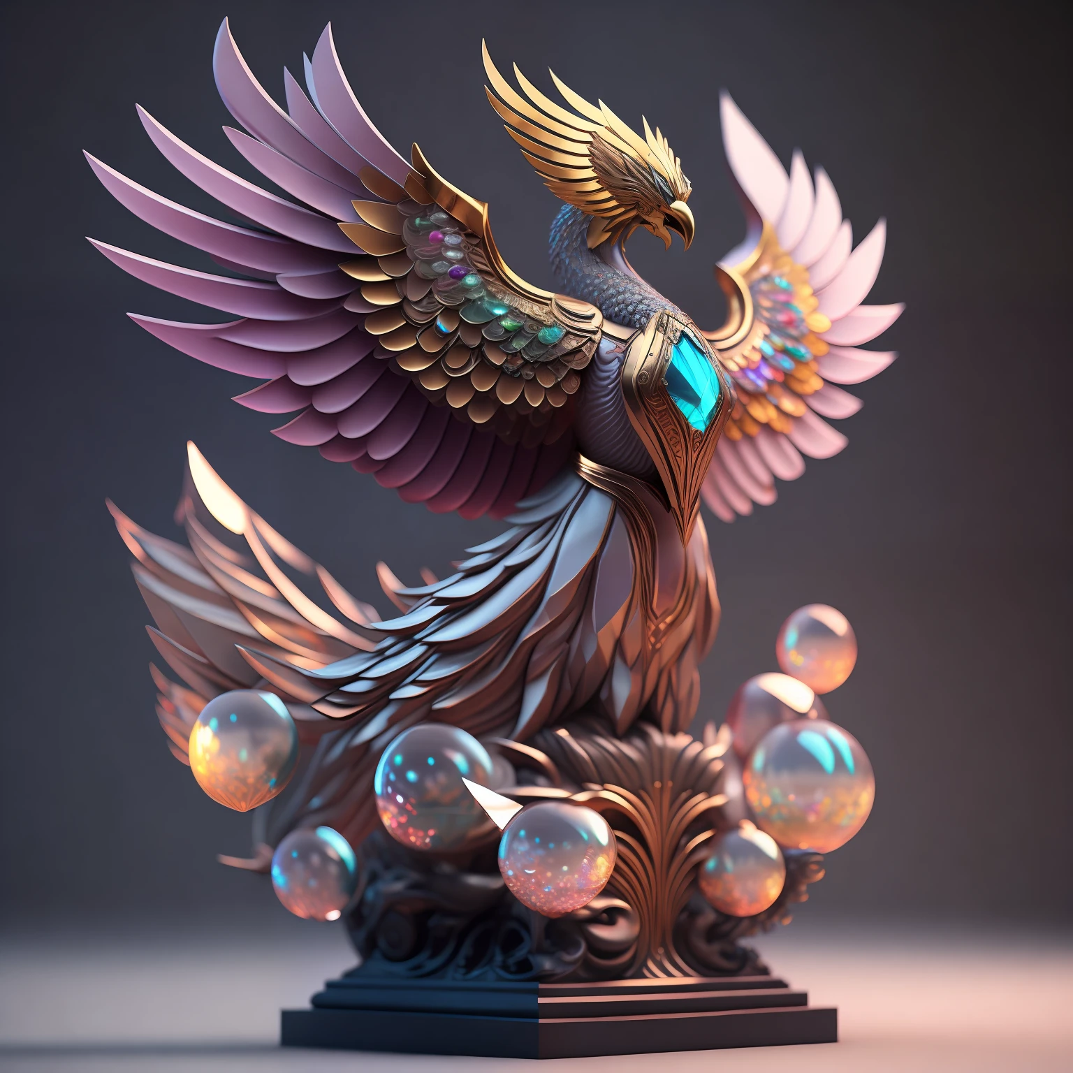 Photo of DivineStatue InkPunk（Additional weapons），A lovely phoenix，Made of crystal balls，Highly detailed and complex conceptual art trend with low-poly eyes ArtStation 8K