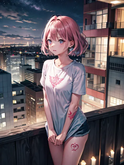 Raised sexy，cute female child，high high quality，tmasterpiece，short detailed hair，Pink atmosphere，Cropped heptagon top，Girl with ...