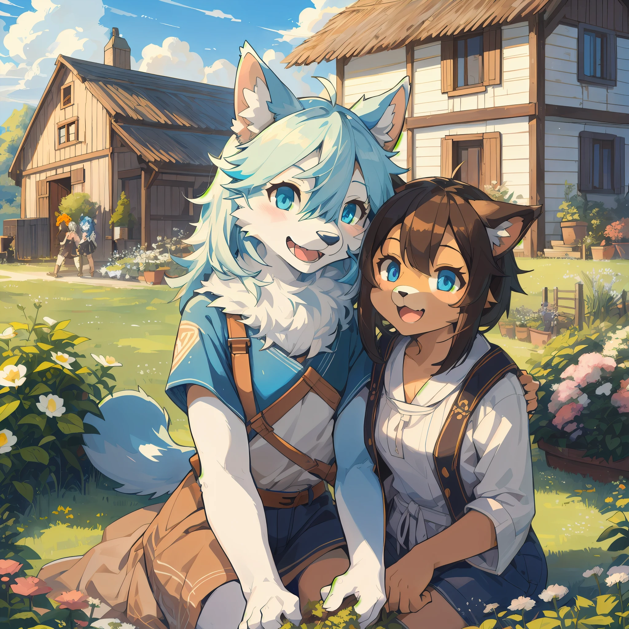 dynamic angle, top quality, best quality, High-quality illustrations, masterpiece, super high resolution, detailed background, detailed background, farmhouse, farms, blue open sky, white clouds, gardening, group shot:0.1, 6+boys, 6+girls, Happy, joyful, absurdres(highly detailed beautiful face and eyes)perfect anatomy(kemono, furry anthro),