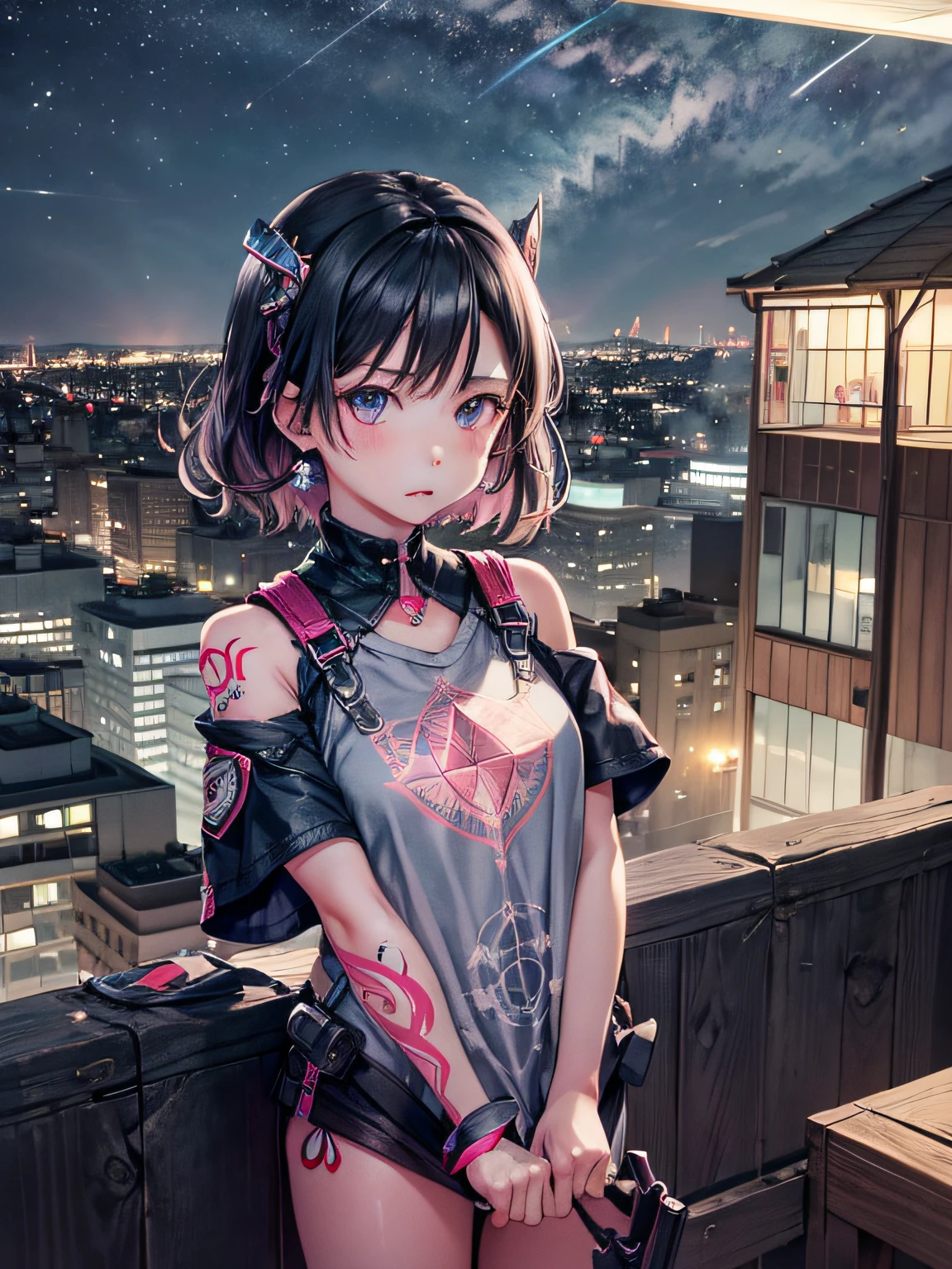 Raised sexy，cute female child，high high quality，tmasterpiece，short detailed hair，Pink atmosphere，Cropped heptagon top，Girl with tattoos，high-definition picture quality，largeeyes，Night view from the rooftop，Shy face