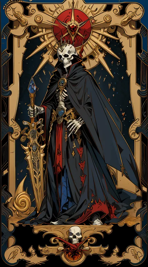 Gold frame，tarot cards, hyper HD, 16k, Best quality, Super detail, Anatomically correct, Masterpiece, High details, A high resolution，Solo，A photo of a skeleton with a red heart in his hand, Azul dress, Skeleton King, From the hegemon, Overlord!!!, beautif...