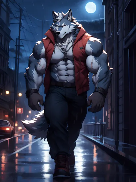 anthro wolf, furry, rain, armed, white wolf, scar, muscle, night, handsome, walking, masterpiece, hires, 8k, nj5furry