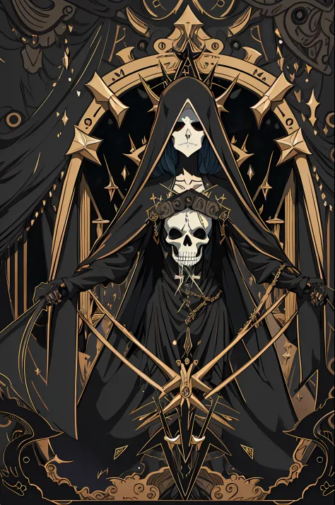 Black tarot cards，The Grim Reaper card is black，Scythe of Death，Skeleton all over the body，Black fog entangled，Crown on head，jew...