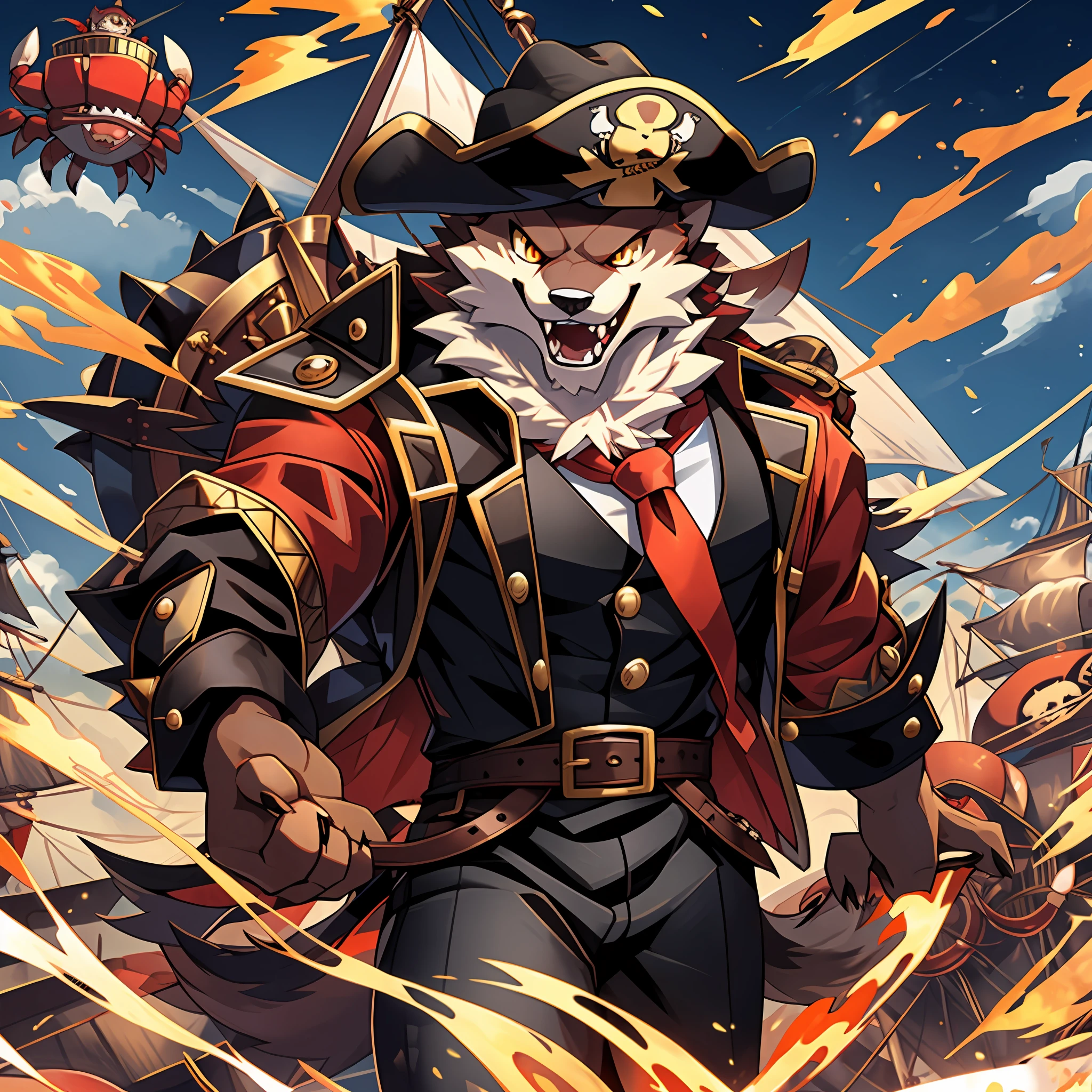 Werewolf, grey and black fur, intense golden eyes, black pirate hat with peach feathers, red baron jacket with gold buttons and gold shoulders over a black shirt and a white frill tie, crab-like fangs and shell, masterpiece, best quality