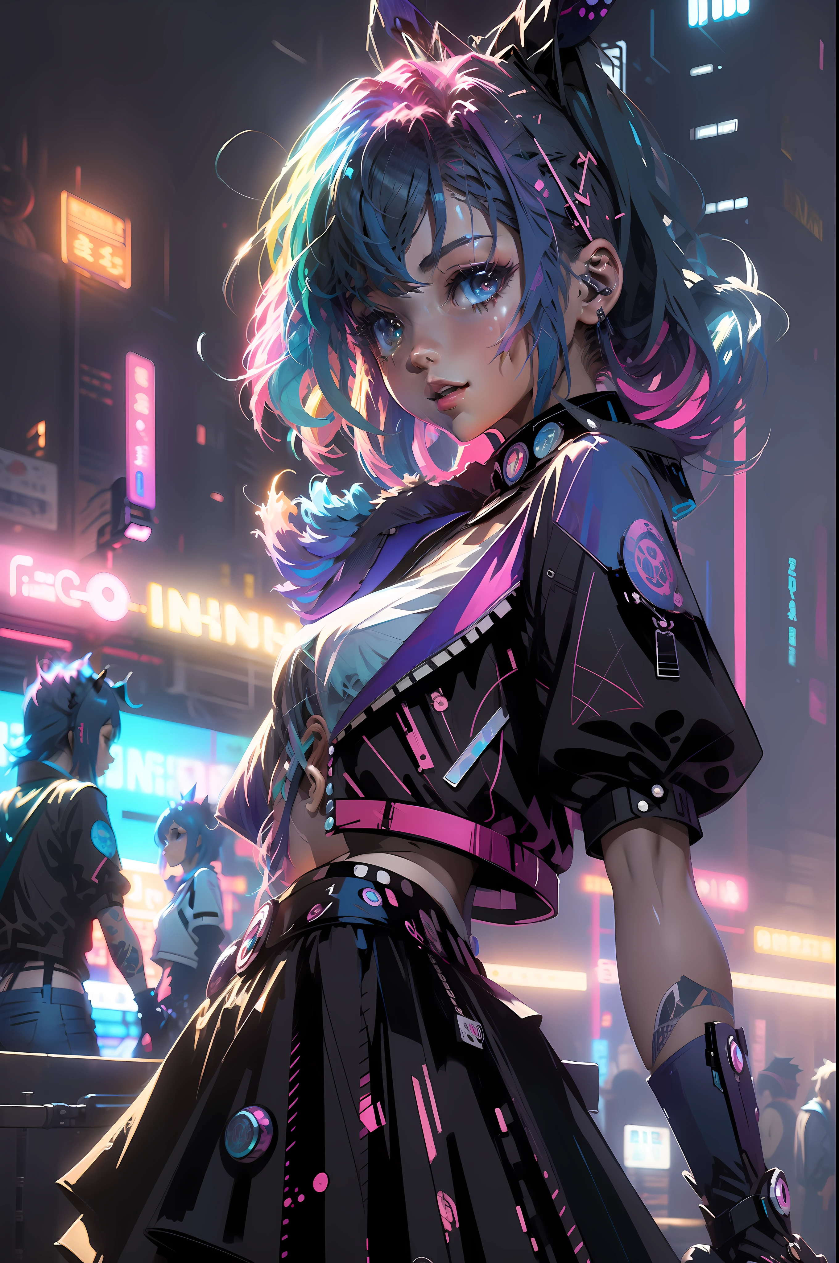 Calidad de imagen de obra maestra，arcoíris，Valorante，Chica urbana，sonríe，arte numérico，estilo de anime，Retro anime girl，El estilo de Imaishihira，chica punk，en un estilo anime，cola de caballo doble，tendencias，luz de neón，profundidad de campos，lentes de ojo de pez