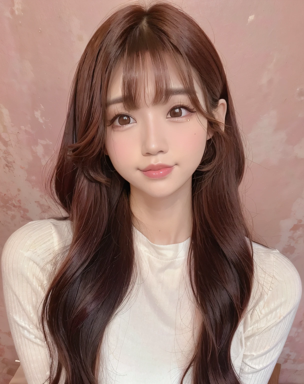 a close up of a woman with long hair wearing a white shirt, ulzzangs, Popular Korean Makeup, neat hair with bangs, popular south korean makeup, Brown hair with bangs, brown long hair with bangs, brown bangs, Larisa Manobal, Korean Girl, With bangs, Young adorable Korean face, brown hair and bangs, center parted bangs