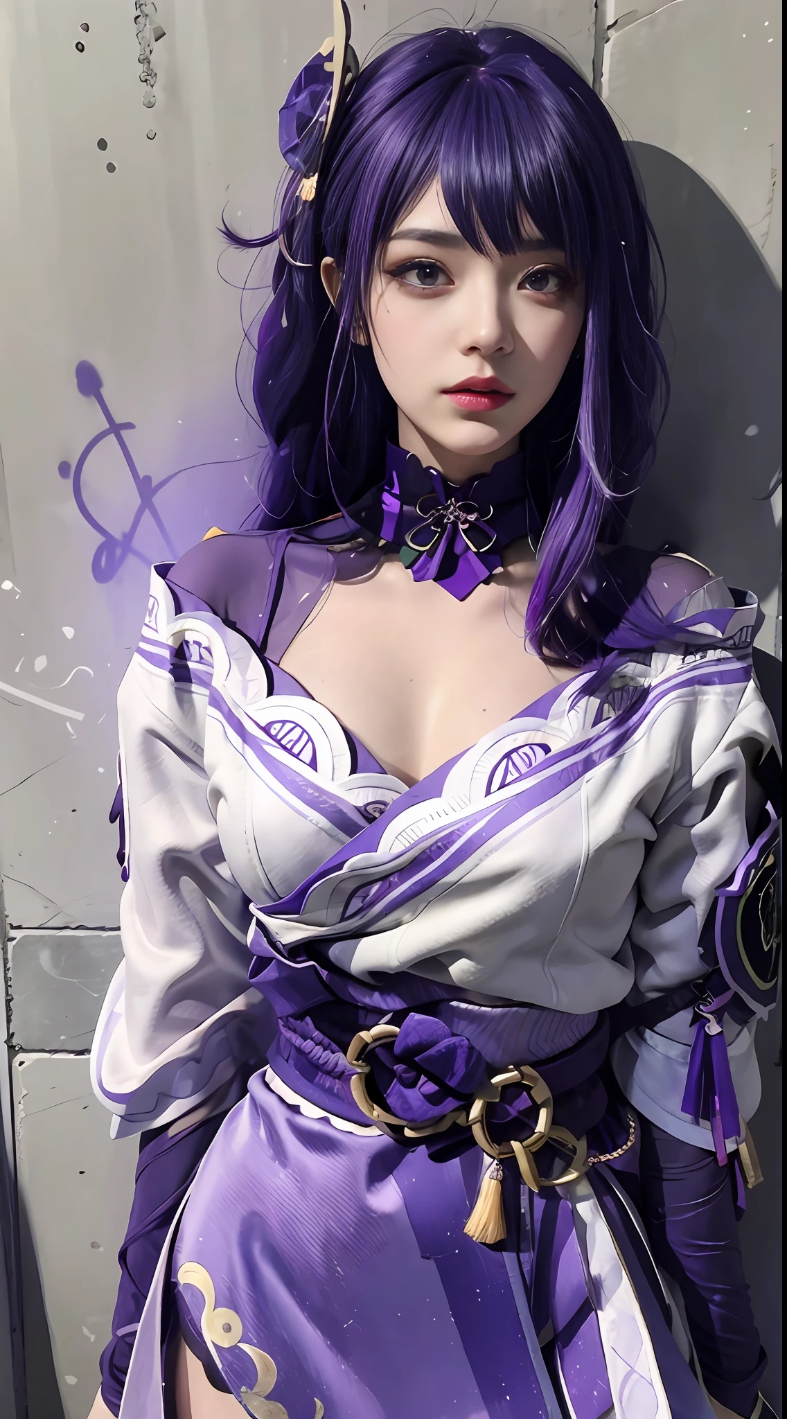 (masterpiece, best quality, 1girl, solo, intricate details, chromatic aberration), realistic, ((medium breath)),long hair, purple hair, purple head ornament, purple highlights, hair over one eye, green eyes, sharp eyes, choker, neon shirt, torn legwear, open jacket, turtleneck sweater, against wall, brick wall, graffiti, dim lighting, alley ,look at viewer,