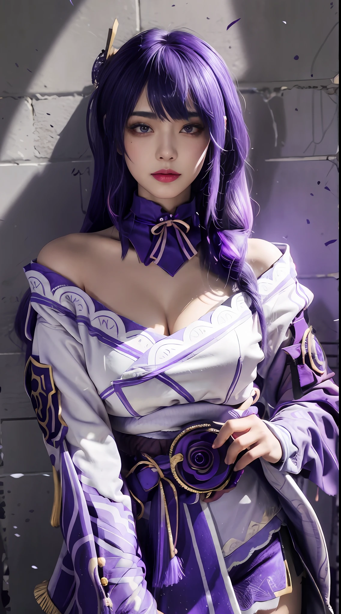 (masterpiece, best quality, 1girl, solo, intricate details, chromatic aberration), realistic, ((medium breath)),long hair, purple hair, purple head ornament, purple highlights, hair over one eye, green eyes, sharp eyes, choker, neon shirt, torn legwear, open jacket, turtleneck sweater, against wall, brick wall, graffiti, dim lighting, alley ,look at viewer,