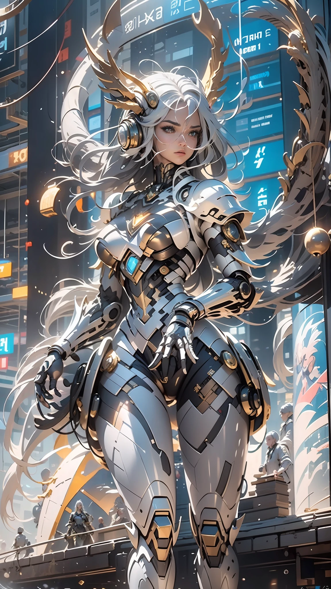 （（best qualtiy））， （（tmasterpiece））， （The is very detailed：1.3）， 3D，In Cyberpunk World，A girl in mechanical armor，holding futuristic weapons，The battle is ahead，Behind her was a medium-sized armored mech，At the end of the end, There are super giant mecha Oriental Dragon，hdr（HighDynamicRange），Ray traching，NVIDIA RTX，Hyper-Resolution，Unreal 5，sub surface scattering，PBR textures，Post-processing，Anisotropic filtering，depth of fields，Maximum clarity and sharpnesany-Layer Textures，Albedo e mapas Speculares，Surface coloring，Accurately simulate light-material interactions，perfectly proportions，rendering by octane，twotonelighting，Low ISO，White balance，trichotomy，Wide aperture，8K raw data，High-Efficiency Sub-Pixel，sub-pixel convolution，Luminous Particle，