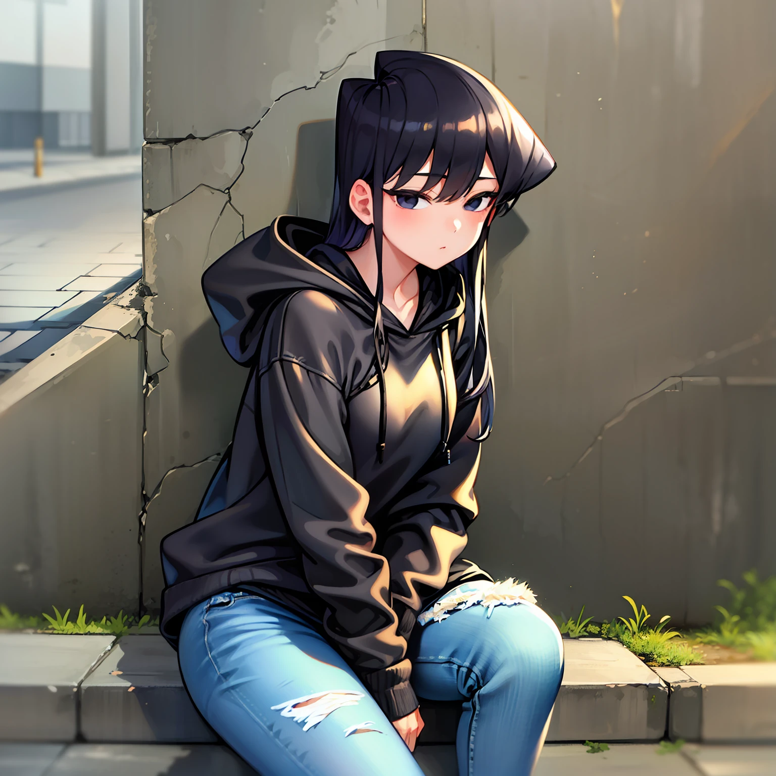 masterpiece, best quality, 1girl, solo, komi-san wa komyushou desu, (black hoodie:1.2), jeans, sitting, looking at viewer, street, wall, cowboy shot