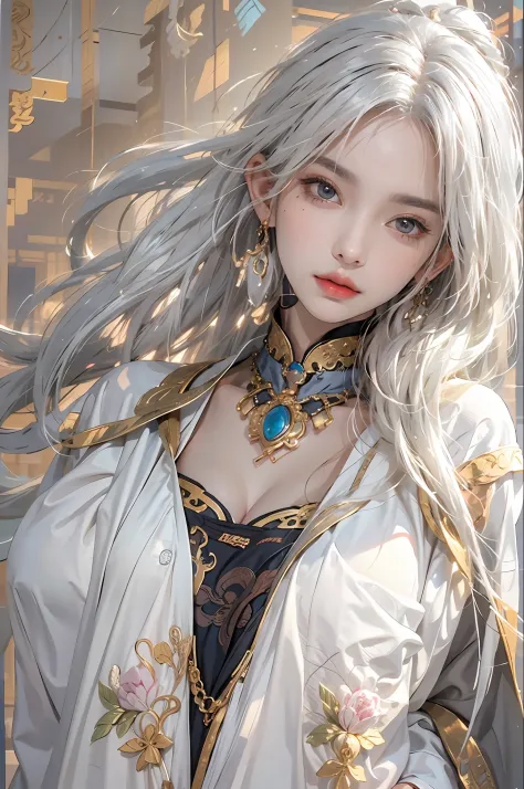 photorealistic, high resolution, 1women, solo, hips up, look at viewer, (detailed face), white hair, long hair, Taoist robe,oversized clothes, jewelry