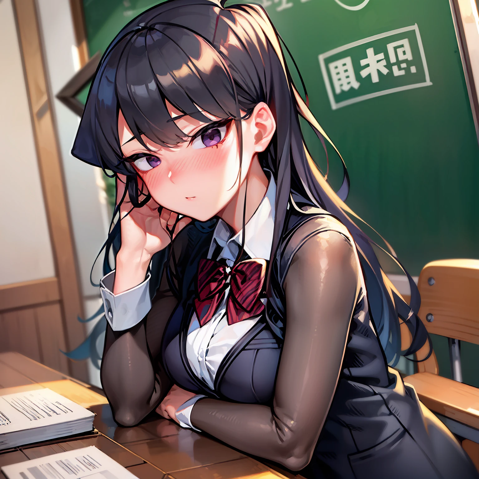 (masterpiece),(best-quality),detailed,Komi_DC,1girl,solo,touching_hair,upper_body,from_front,black_hair,black_eyes,blushing,embarrassed,shy,wonderful_school_background,indoors,anime,anime-style,intricate,elegant,(extremely detailed 8k wallpaper)