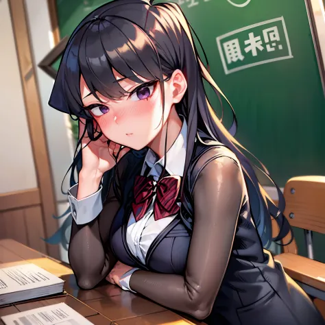 (masterpiece),(best-quality),detailed,Komi_DC,1girl,solo,touching_hair,upper_body,from_front,black_hair,black_eyes,blushing,emba...