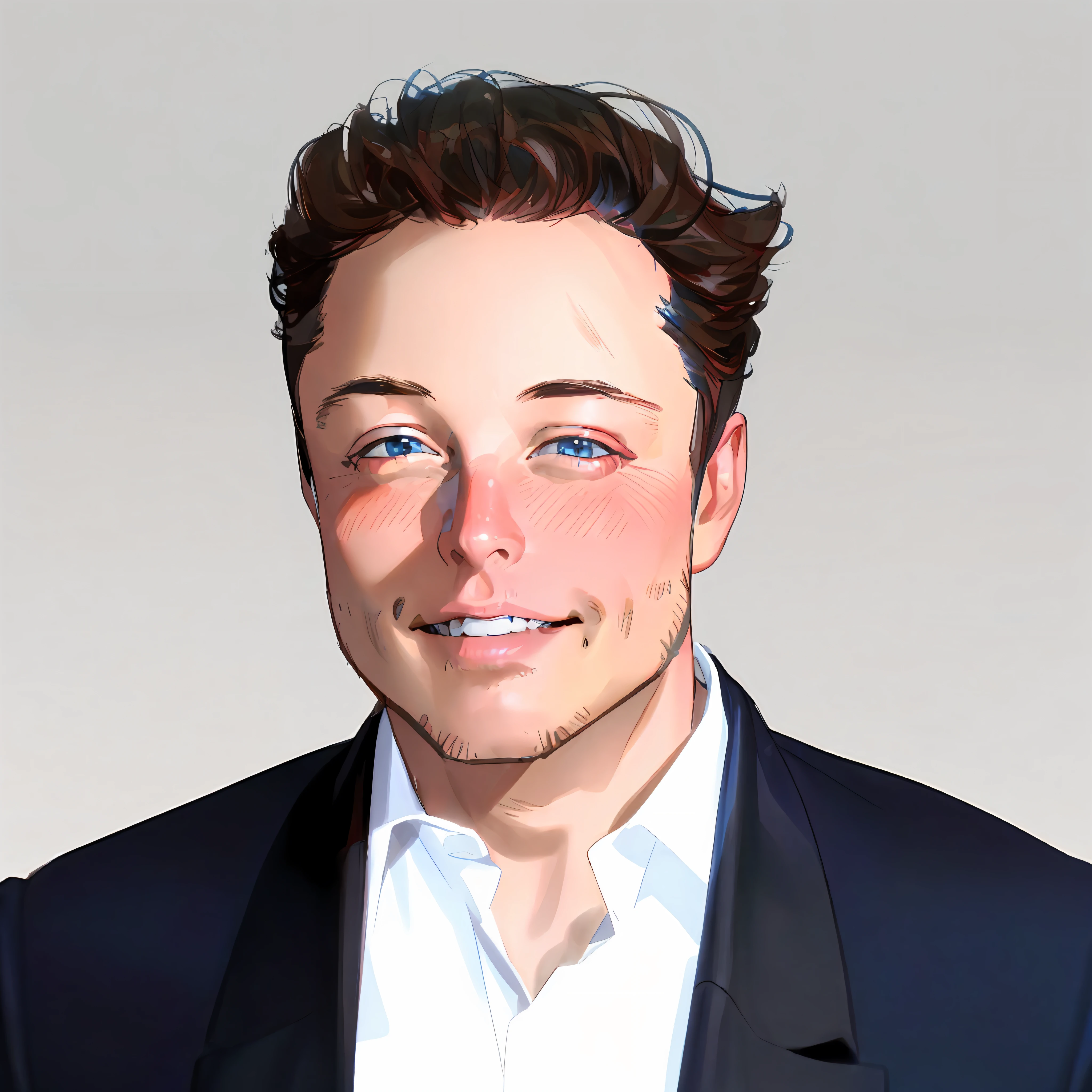 portrait of elon musk, elon musk, elon musk portrait, beautiful blue eyes, smile, detailed face, teeth, black hair, white shirt inside, dark blue coat, 4k, detailed