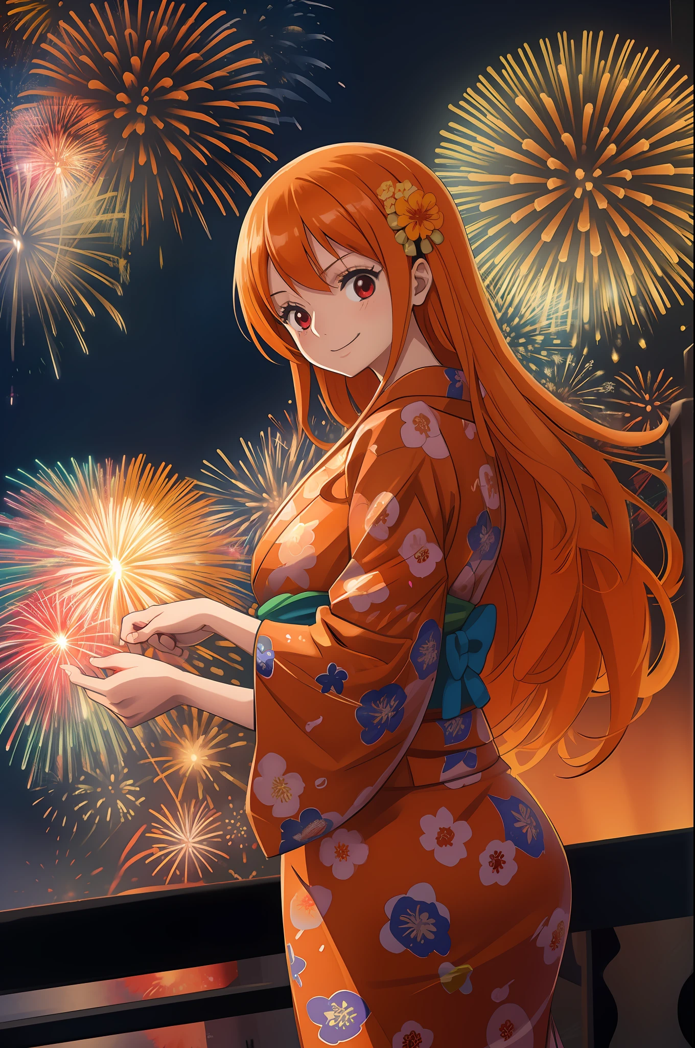 ((masutepiece, High quality)), (Ultra-detailed), Illustration, (Detailed light), ((nostalgic)), (Backlighting:1.2), ((low angles)), Dutch Angle, ((Solo:1.2)), (kawaii, Cute), (Wearing a red base flower pattern yukata), arms behind back (orange, and black silhouette scene:1.2), (Lots of huge fireworks:1.5), (She doesn't have items in her hands:1.5) (Glowing orange hair),((White skin:1.1)), ((Long hair)), Straight hair, Red Eyes, lightsmile