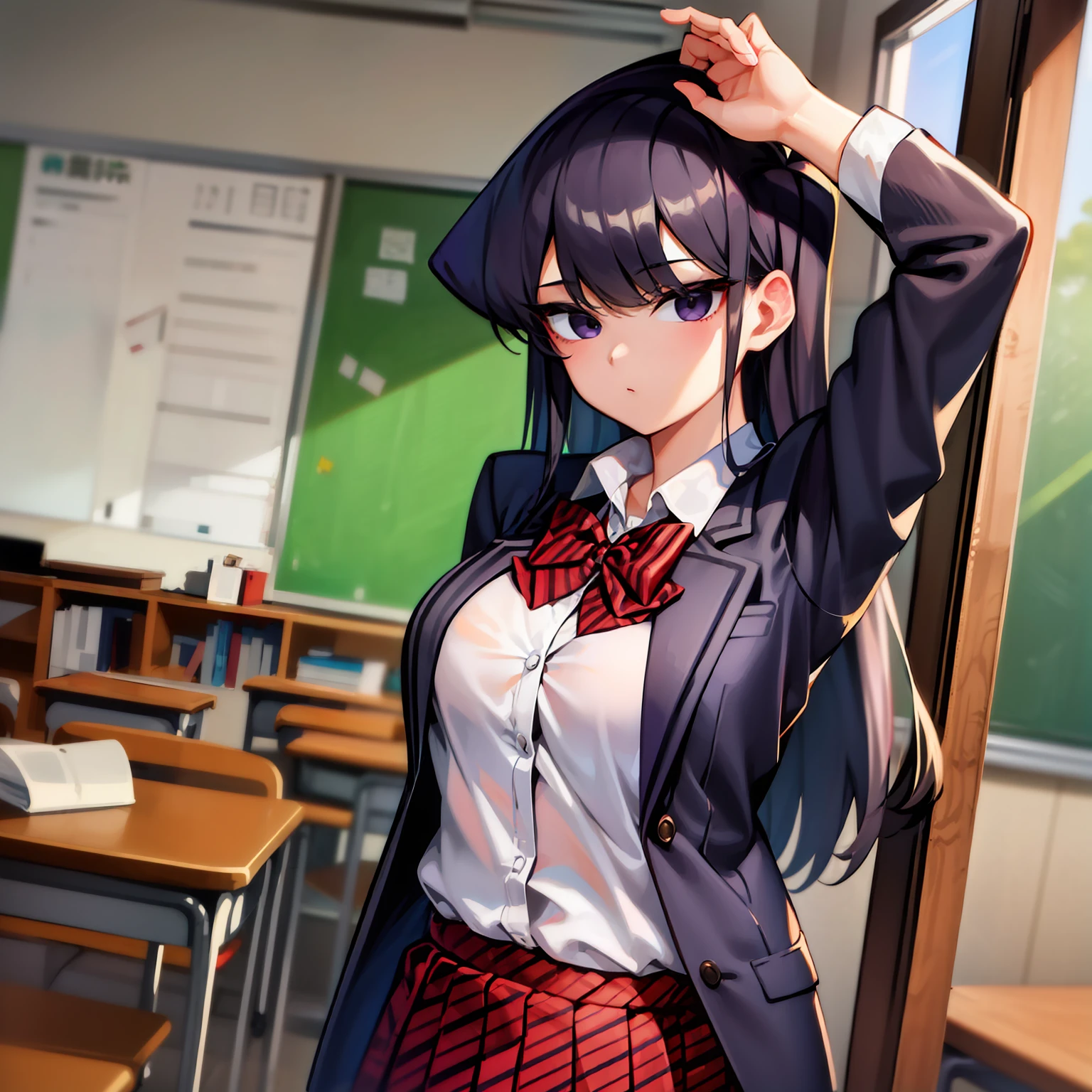 komiShouko, masterpiece, best quality, absurdres, 1girl, looking at viewer, standing, v arms, pantyhose, classroom, cowboy shot, school uniform, red skirt, red bow, blazer