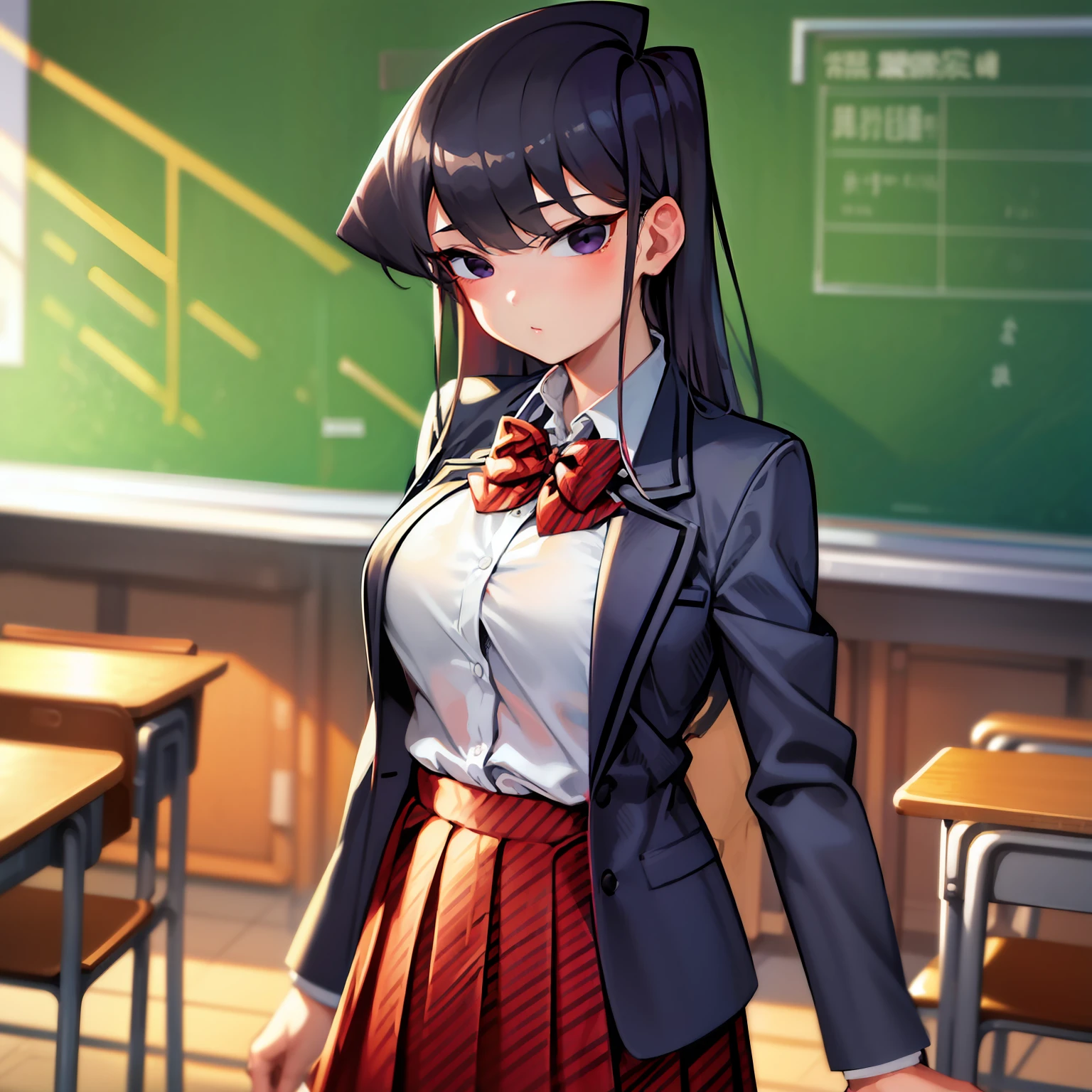 komiShouko, Meisterwerk, beste Qualität, absurdesten, 1 Mädchen, Betrachter betrachten, Stehen, v Arme, Strumpfhose, Klassenzimmer, Cowboy-Schuss, Schuluniform, roter Rock, rote Schleife, Blazer