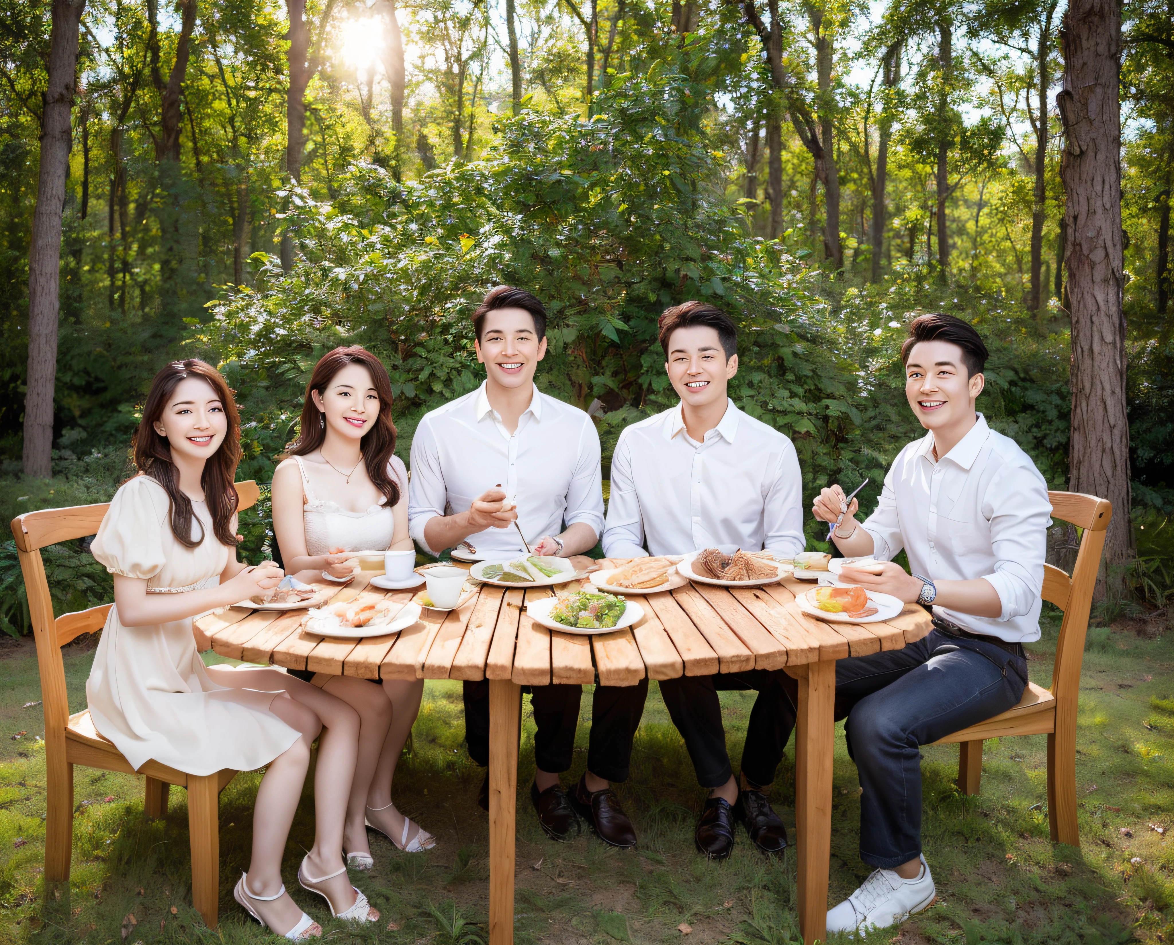 (best quality,masterpiece:1.2),(realistic,photo-realistic:1.37), group photo contains handsome man, beautiful woman and cute child boy with cute child girl, bright forest background, ((((full body: 1.2)))), (smile:1.15), beautiful detailed eyes, eating noodles together at restaurant.