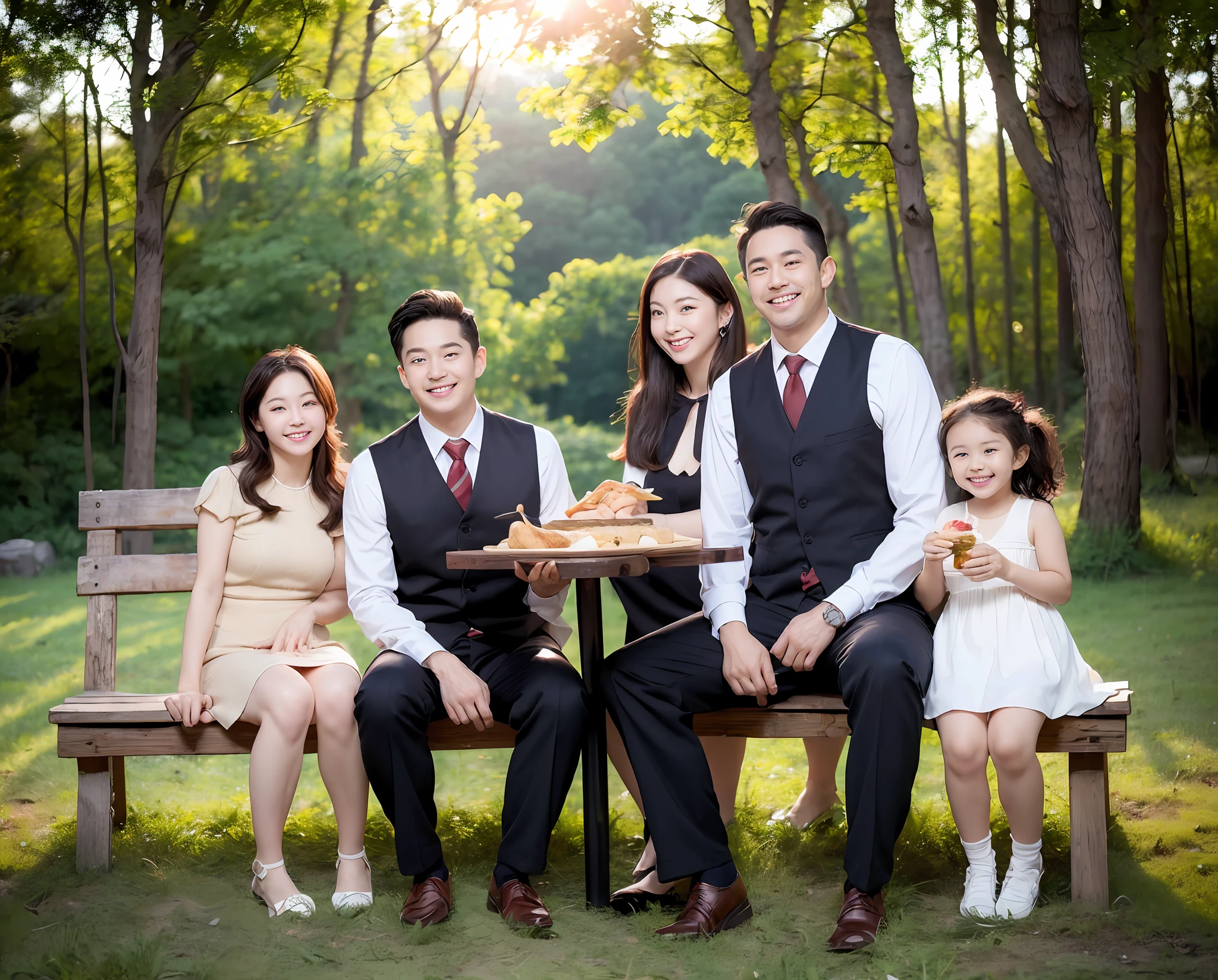 (best quality,masterpiece:1.2),(realistic,photo-realistic:1.37), group photo contains handsome man, beautiful woman and cute child boy with cute child girl, bright forest background, ((((full body: 1.2)))), (smile:1.15), beautiful detailed eyes, eating noodles together at restaurant.