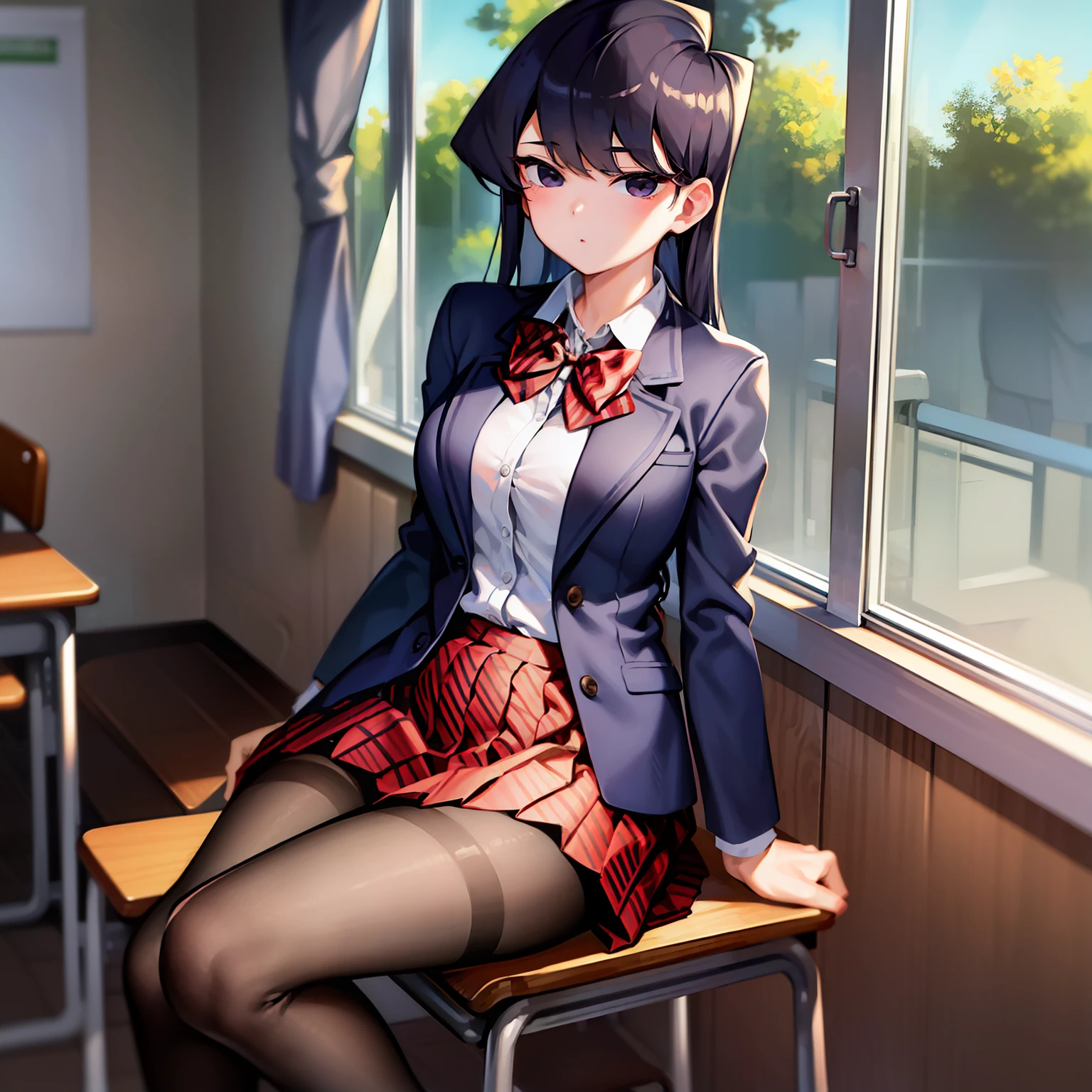 komiShouko, masterpiece, best quality, absurdres, 1girl, looking at viewer, v arms, pantyhose, classroom, school uniform, red skirt, red bow, blazer, window, sitting, chair, crowd