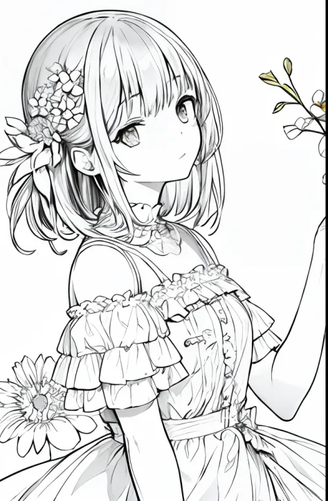 1girl, flower, smell, dress, white background