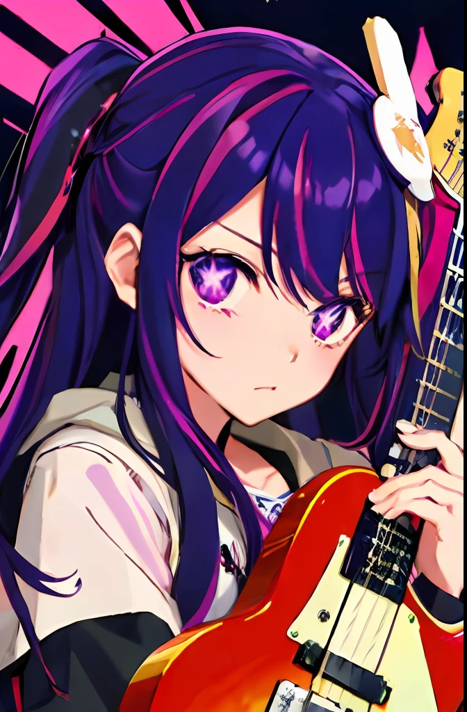 "A solo shot featuring Hoshino Ai, long hair, purple hair, streaked hair ,purple eyes, star-shaped pupils, hair ornament, , a punkrocker showcasing her skills shredding the guitar"