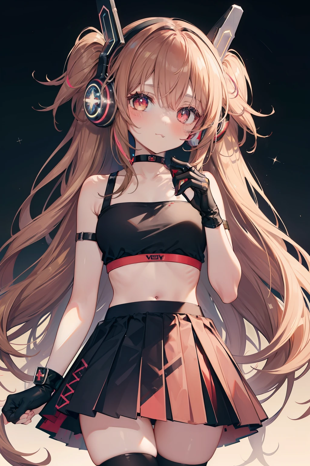 ((Masterpiece, highest quality)), detailed face, full of details, highly detailed, depth, many parts, 1girl, girl in a skirt and headphones, :3, long hair, bangs, multicolored hair, two-tone hair, gradient hair, brown hair, brown hair with pink tips, [[[[[[[[[pink hair]]]]]]]]], black crop top, red skirt, pleated skirt, gloves, stockings, leg warmers, black choker, red eyes, star (symbol), symbol-shaped pupils, magnetvocaloid