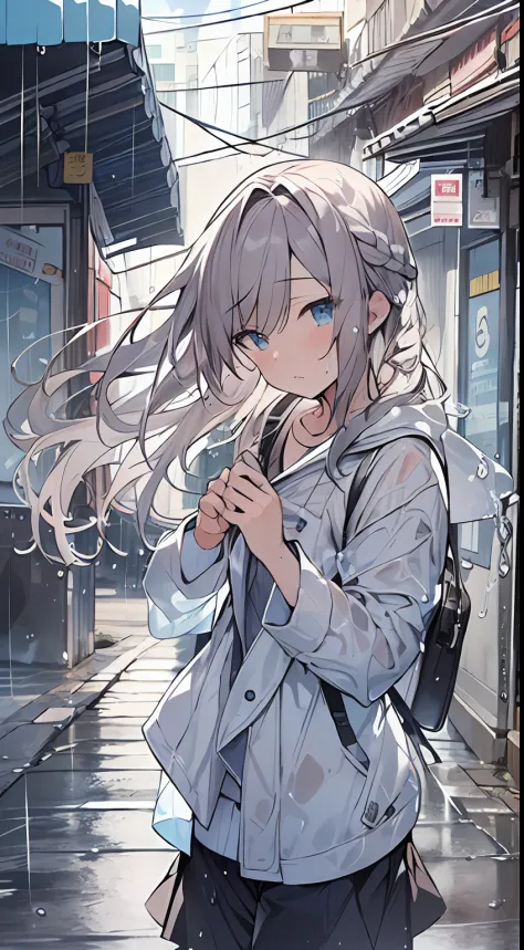 masutepiece, Best Quality,Illustration, Wallpaper, Ultra Detail, absurderes, 1girl in, Solo, (Semi-long hair、short braided hair), Beautiful detailed eyes, rainfall、water dripping、wetting hair , Wet clothes, (Street:1.3), Cloudy sky、Hair that flutters in th...